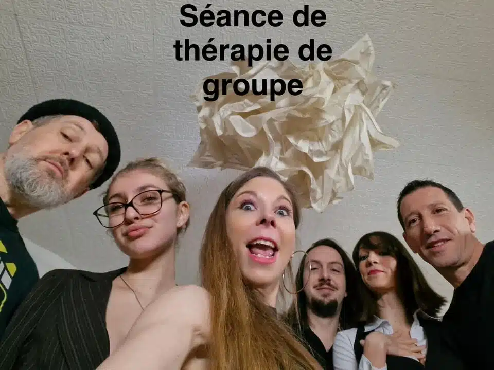 Three women plus three men fucking during a group therapy session with the psy