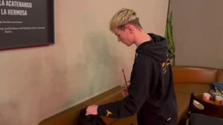 Two guys fuck and kiss in a public toilet in a cafe