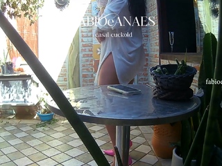 Hotwife in lingerie in winter garden sensualizing