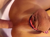 Handcuffed femboy sucking big white cock